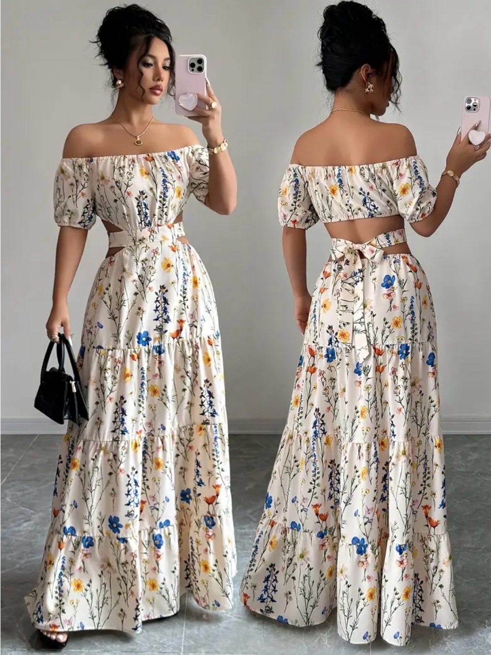 Floral Off-Shoulder Cutout Maxi Dress - Cream with Blue & Yellow Flowers